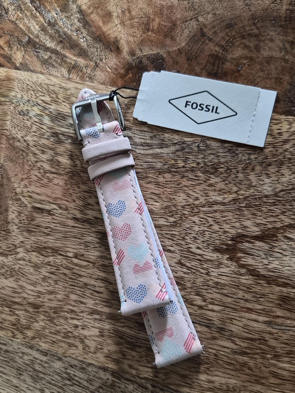 NWT Fossil 18mm Genuine Leather Watch Strap Heart Print Beige